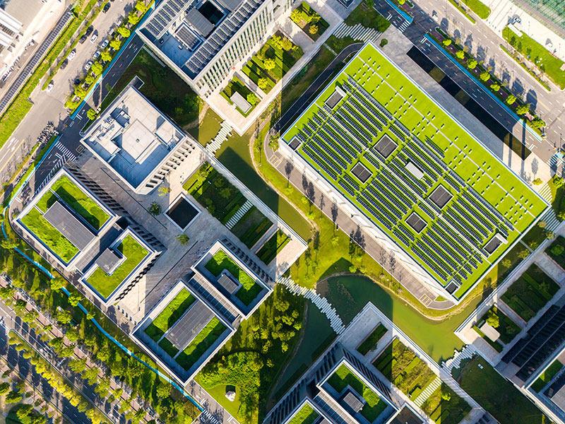 Solar panels on the roof of an urban eco-office building
